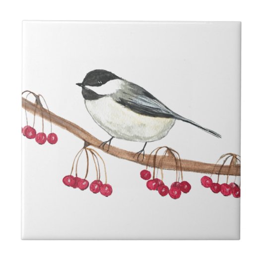 Zwart Wit Chickadee Vogel Wildlife Waterverf Tegeltje (Voorkant)