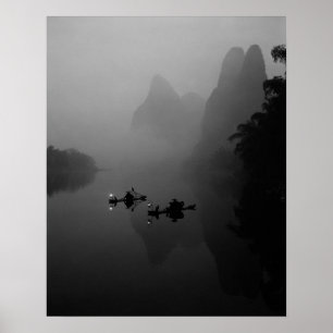 Zwart-wit, China, Li River, Fisherman op Poster