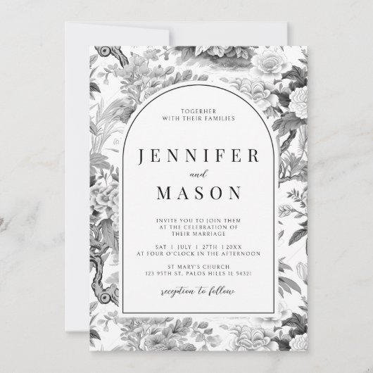 Zwart wit Chinoiserie bloemenbruiloft uitnodiging (Voorkant)