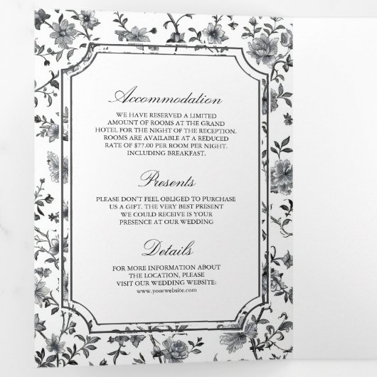 Zwart-wit Chinoiserie Crest QR Code Huwelijk Drieluik Uitnodiging (Binnenzijde eerst)