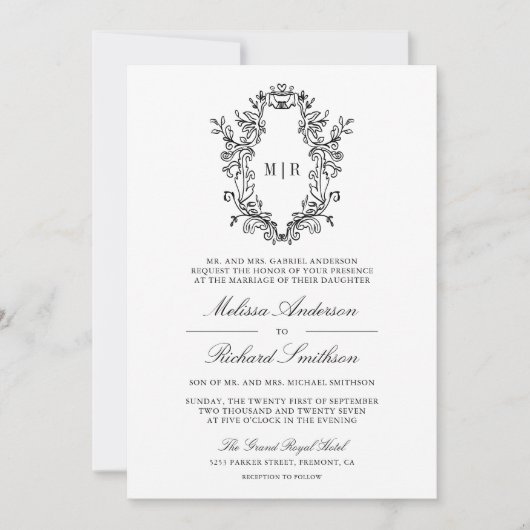 Zwart-wit Chinoiserie Crest QR Code Huwelijk Kaart (Voorkant)