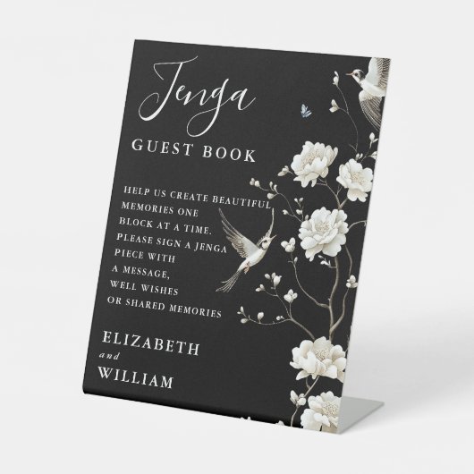 Zwart Wit Chinoiserie Jenga Guest Book Trouwen Reclamebord Met Voetstuk (Voorkant)