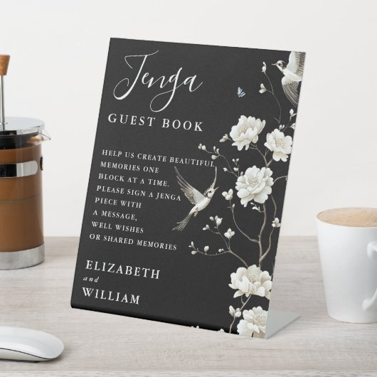 Zwart Wit Chinoiserie Jenga Guest Book Trouwen Reclamebord Met Voetstuk (Insitu)