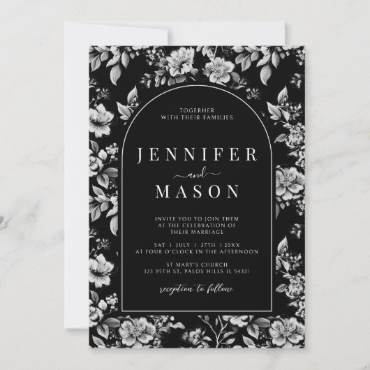 Zwart wit Chinoiserie klassieke bloemenbruiloft Kaart (Voorkant)