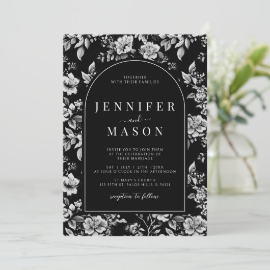 Zwart wit Chinoiserie klassieke bloemenbruiloft Kaart (Staand voorkant)