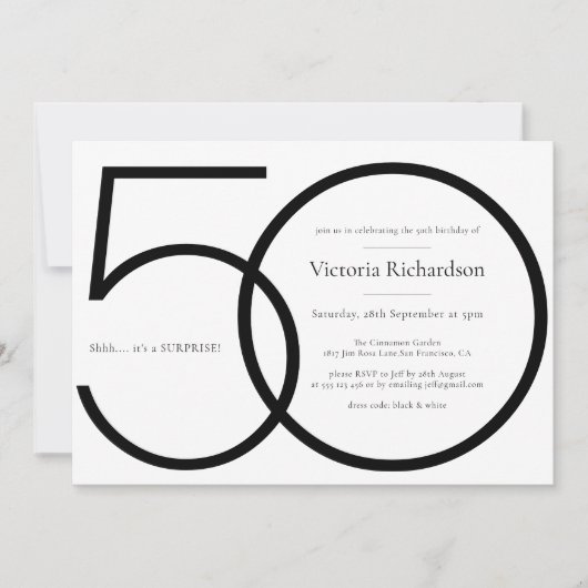Zwart wit chique minimalistische verrassing 50e ve kaart (Voorkant)