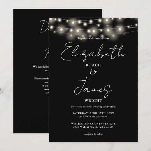 Zwart-wit chique string lichten QR code bruiloft Kaart (Voorkant / Achterkant)