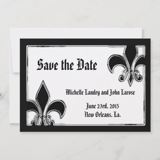 Zwart-Wit Chroom Fleur de Lis Bewaar de Datum Save The Date (Voorkant)