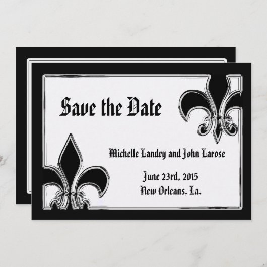 Zwart-Wit Chroom Fleur de Lis Bewaar de Datum Save The Date (Voorkant / Achterkant)
