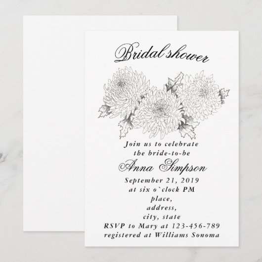 Zwart-wit chrysant vrijgezellenfeest invita kaart (Voorkant / Achterkant)