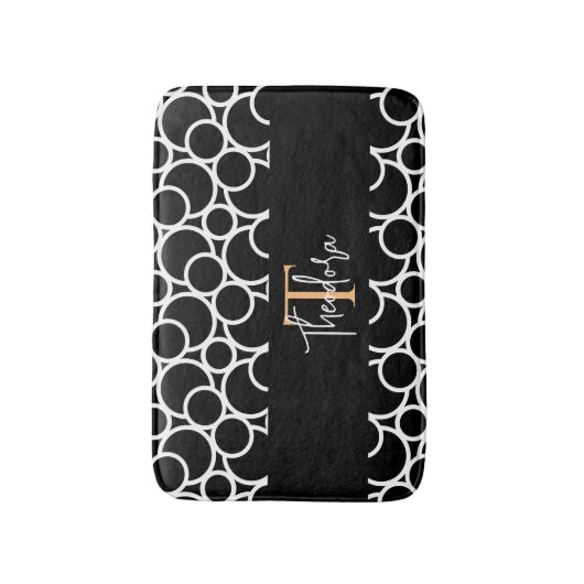 Zwart-wit cirkelpatroon met monogram badmat (Voorkant Verticaal)
