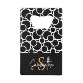 Zwart-wit cirkelpatroon met monogram creditkaart flessenopener