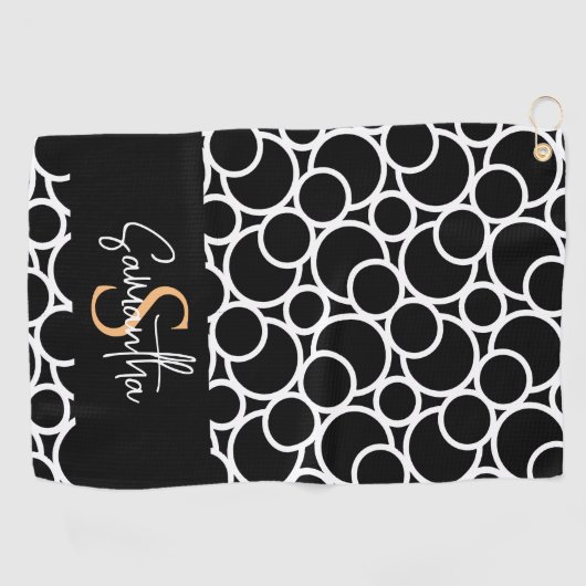 Zwart-wit cirkelpatroon met monogram golfhanddoek (Horizontaal)