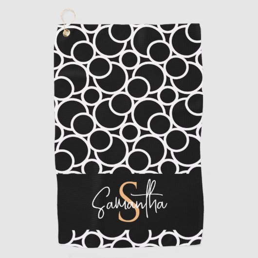 Zwart-wit cirkelpatroon met monogram golfhanddoek (Voorkant)