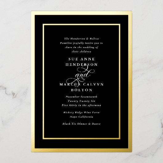 Zwart & Wit Classic Ampersand Goud Lijst Bruiloft Folie Uitnodiging (Voorkant)