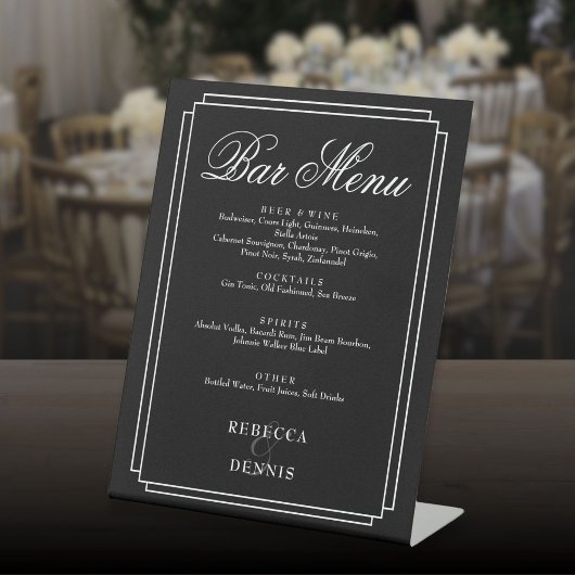 Zwart-wit Classic Art Deco Wedding Bar Menu Reclamebord Met Voetstuk