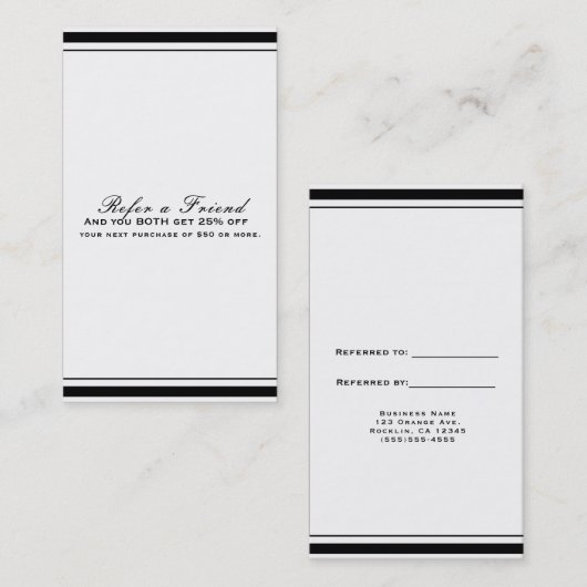 Zwart & Wit Classic Elegant Chic Verwijs een vrien Aanbevelingskaartje (Voorkant / Achterkant)