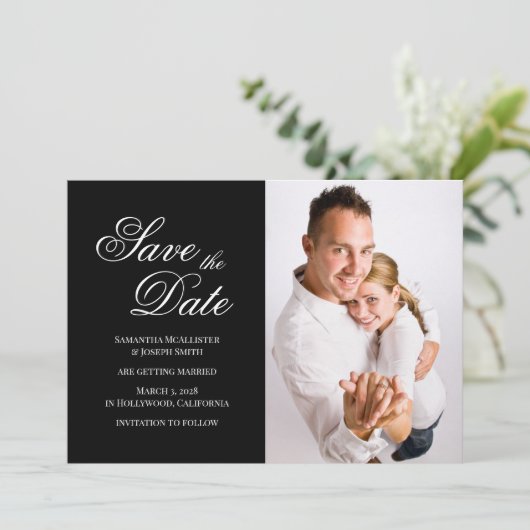 Zwart-wit Classic Fancy kalligrafie Foto Save The Date (Staand voorkant)