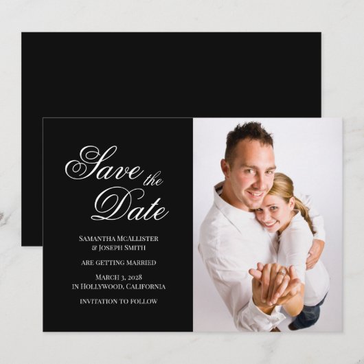 Zwart-wit Classic Fancy kalligrafie Foto Save The Date (Voorkant / Achterkant)