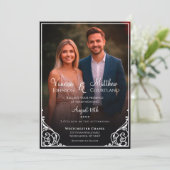 Zwart-wit Classic Filaree Fotobruiloft Kaart (Staand voorkant)