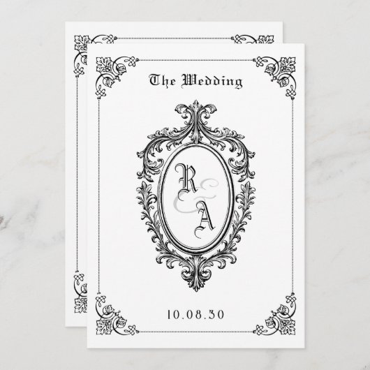 Zwart-wit Classic gothic bruiloft uitnodiging (Voorkant / Achterkant)