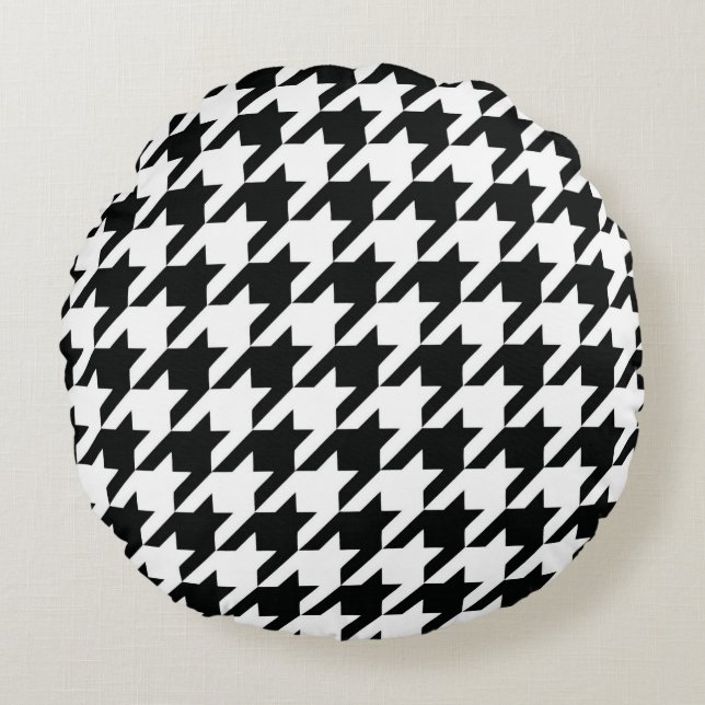 Zwart Wit Classic Houndstooth Check Rond Kussen (Voorkant)
