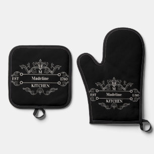 Zwart-wit Classic Initiaal Logo Ovenwant & Pannenlap Set