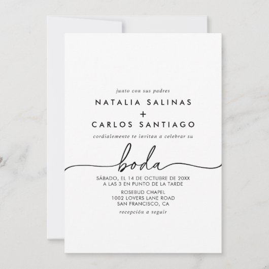 Zwart Wit Classic Spaanse Voor & Achterkant Huweli Kaart (Voorkant)