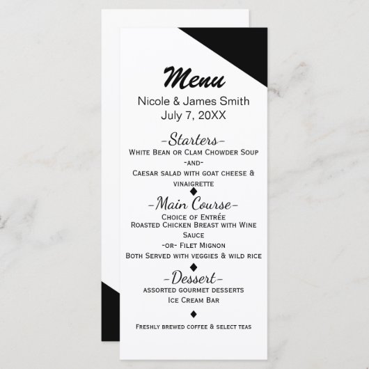 Zwart & Wit Classy Driehoek Bruiloft Menu Kaart (Voorkant / Achterkant)