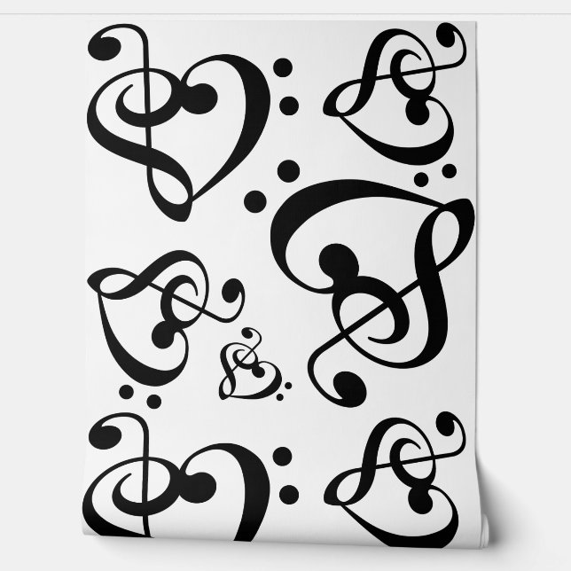 Zwart & Wit Clef Hearts Muziekpatroon Behang (Afrollen)