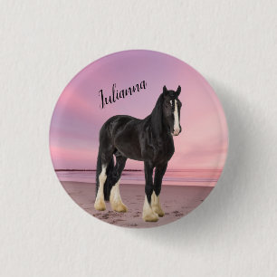 Zwart-wit Clydesdale op strand bij zonsondergang Ronde Button 3,2 Cm