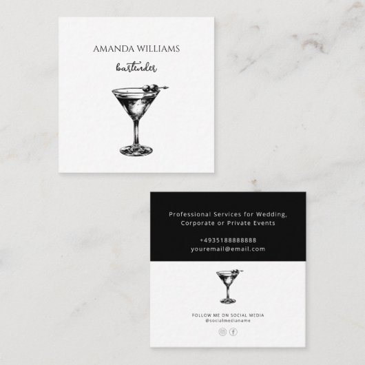Zwart-wit cocktail professionele barman vierkante visitekaartje (Voorkant / Achterkant)