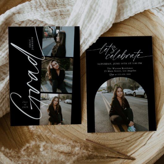 Zwart & Wit Collage Moderne Script Afstudeerfeest Kaart