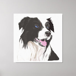 Zwart-wit Collie met Blauwe Ogen Portret. Canvas Afdruk