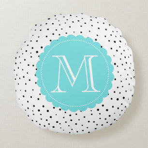 Zwart & Wit Confetti Stippen Blauw Monogram Ronde Rond Kussen