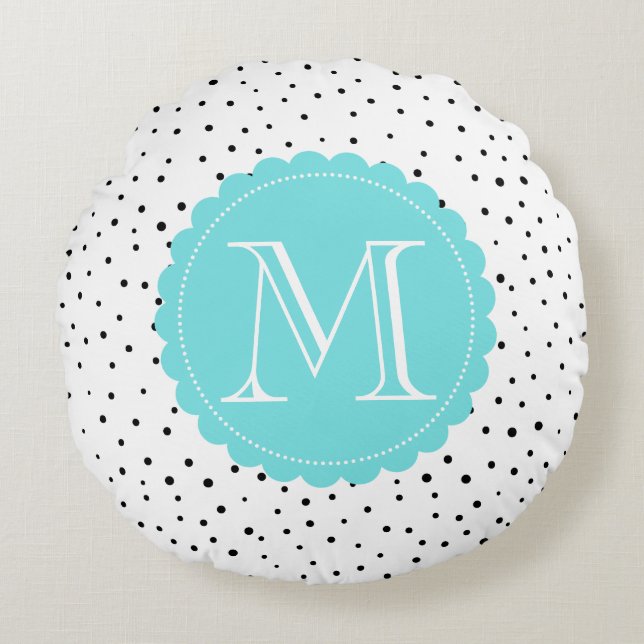 Zwart & Wit Confetti Stippen Blauw Monogram Ronde Rond Kussen (Voorkant)