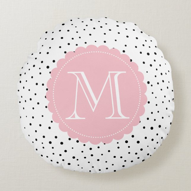 Zwart-wit Confetti Stippen Blush Monogram Rond Kussen (Voorkant)