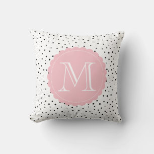 Zwart-wit Confetti Stippen Blush Pink Monogram Kussen