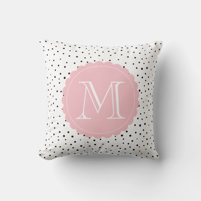 Zwart-wit Confetti Stippen Blush Pink Monogram Kussen (Voorkant)