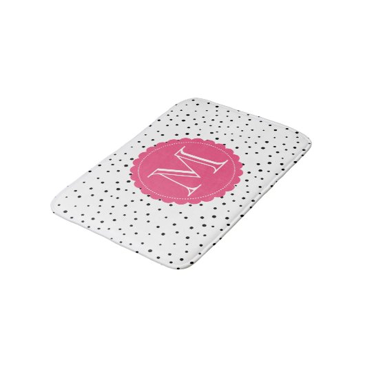 Zwart-wit Confetti Stippen Hot Pink Monogram Badmat (Gekanteld)