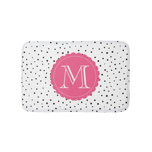 Zwart-wit Confetti Stippen Hot Pink Monogram Badmat (Voorkant)