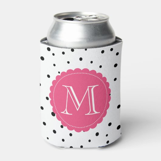 Zwart-wit Confetti Stippen Hot Pink Monogram Blikjeskoeler (Blikje Voorkant)