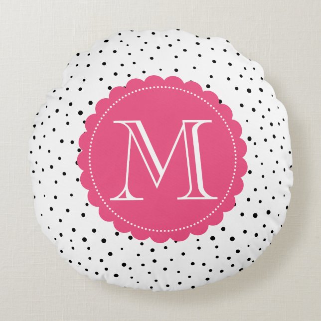 Zwart-wit Confetti Stippen Hot Pink Monogram Rond Kussen (Voorkant)
