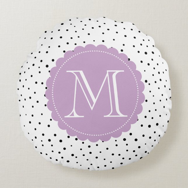Zwart-wit Confetti Stippen Lila Monogram Rond Kussen (Voorkant)