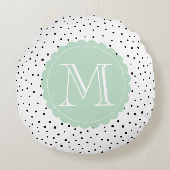 Zwart-wit Confetti Stippen Mint Groen Monogram Rond Kussen (Voorkant)
