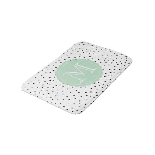 Zwart & Wit Confetti Stippen Mint Monogram Badmat (Gekanteld)