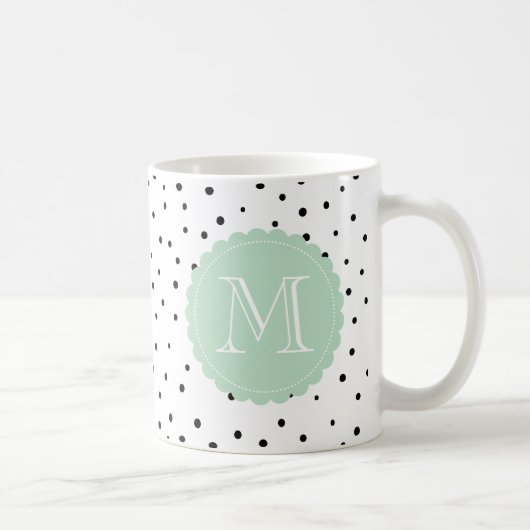 Zwart-wit Confetti Stippen Mint Monogram Mok (Rechts)
