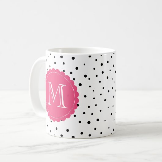 Zwart-wit Confetti Stippen Patroon Monogram Mok (Voorkant links)