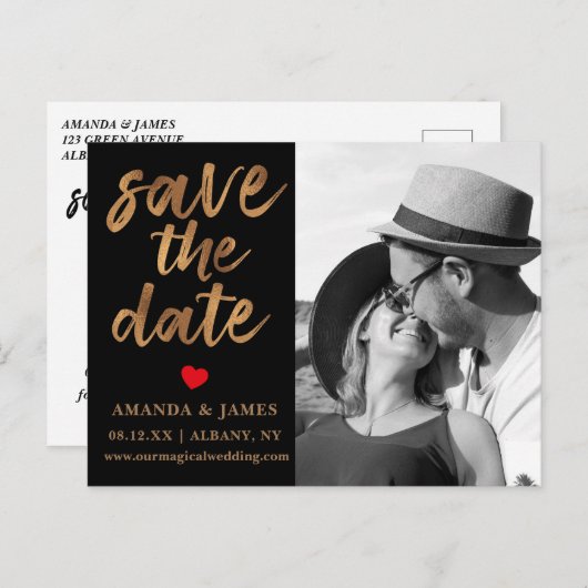 Zwart & Wit Cooper Faux Folie Foto Opslaan De Datu Aankondigingskaart (Voorkant / Achterkant)