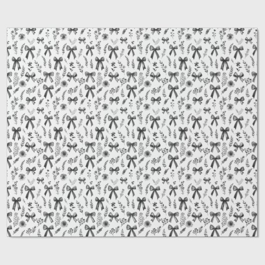Zwart Wit Coquette Lint Bogen en Bloemen Cadeaupapier (Vlak)